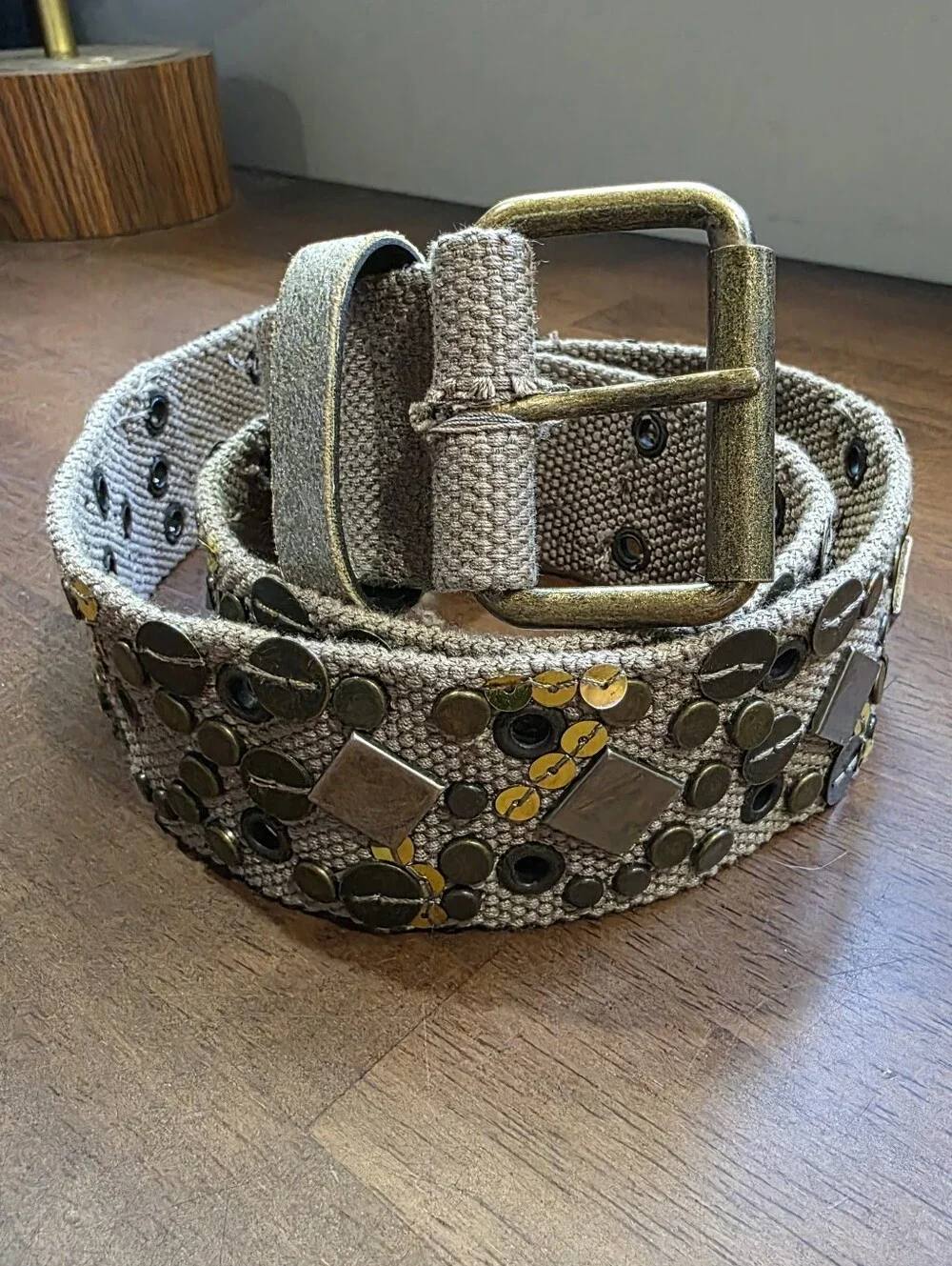 Boho Embellished Canvas Belt Taupe Brass Studded Sequin Size  S/M